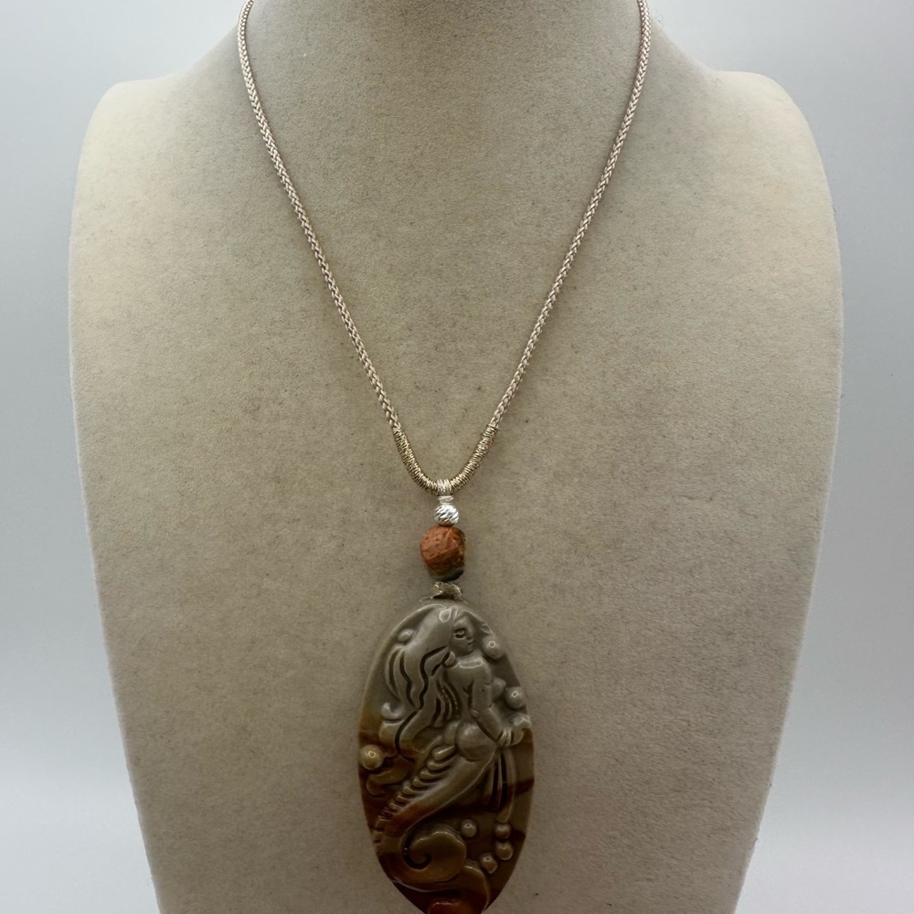 Polychrome Jasper Oval Mermaid Carving Pendant on Adjustable Rope with Silver - Picture 11 of 12